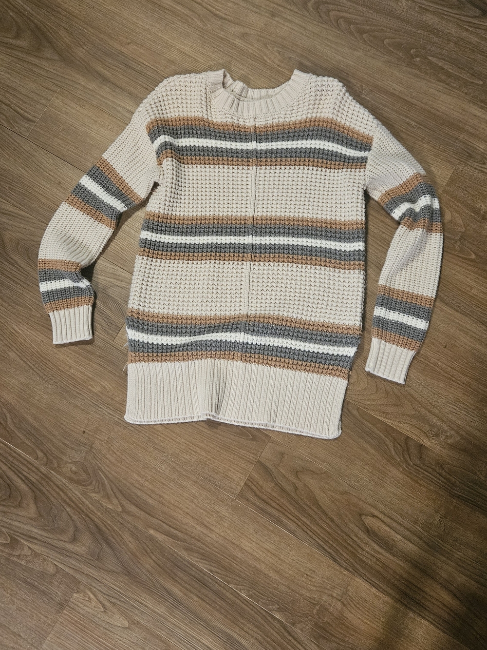 Arizona Jean Company Cream Striped Crewneck Sweater with Tan and Gray